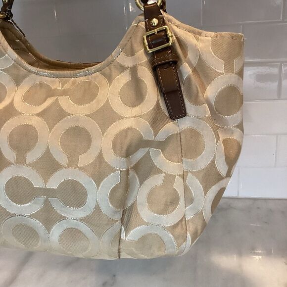 COACH Bag Purse Handbag Madison Abigail Op Art Lurex Gold & Leather Lg. Satchel - Picture 5 of 15